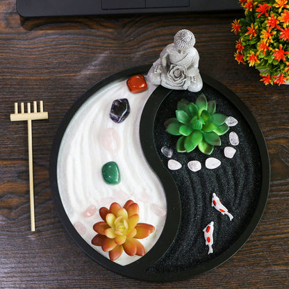 Buddha Meditation Zen Garden Kit - Home Office Tabletop Taiji Yin Yang Sand Garden Altar Zen Decor Zen Gifts DIY Mini Chakra Crystal Quartz Rock Garden w/ Nature Healing Stone Rake Tool