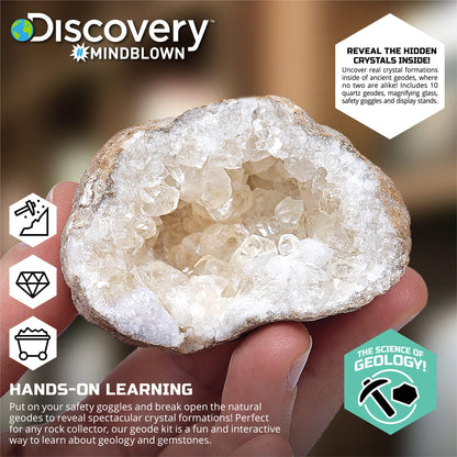 Discovery™ Crack-Open Geode Kit – Mystery Crystal STEM Science Set | 10 Natural Quartz Geodes | Kids Goggles, Magnifying Glass & Display Stands | Rock Dig Activity Toy| Educational Experiment Gift
