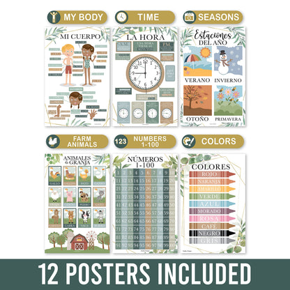 Hadley Designs Spanish Posters for Classroom - 12 Bilingual Educational Posters for Spanish Classroom Decorations Must Haves, Calendario y Alfabeto en Español Para la Pared, Greenery Teacher Supplies