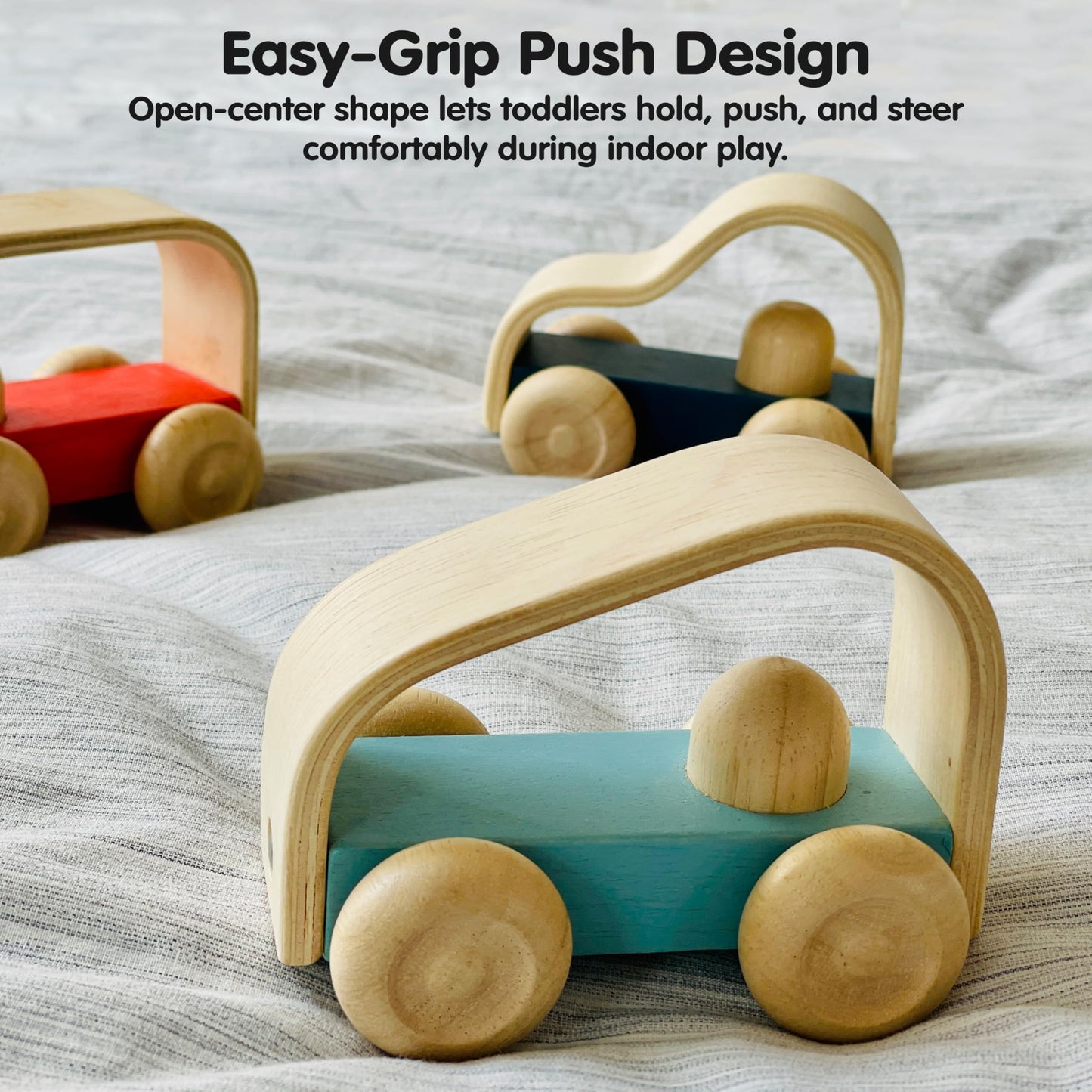 PlanToys® Vroom Car Wooden Push Toy for Toddlers | Eco-Friendly Toddler Push Car for Indoor Play | Montessori Fine Motor Learning Toys for Kids