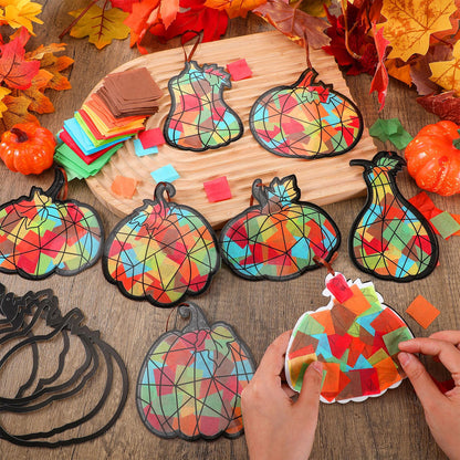 Eersida 32 Pcs Thanksgiving Pumpkin Suncatchers Paper Craft Set Fall DIY Pumpkin Shaped Stained Glass Tissue Paper Kit Bulk for Autumn Thanksgiving Classroom Activities Party Window Art Decor