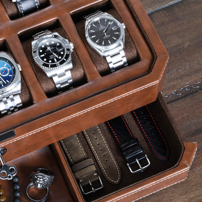 ROTHWELL 12 Slot Leather Watch Box with Valet Drawer - 12 Slot Luxury Watch Case Display Organizer, Microsuede Liner, Mens Accessories Holder, Jewelry Case, Jewelry Display Organizer (Tan/Brown)