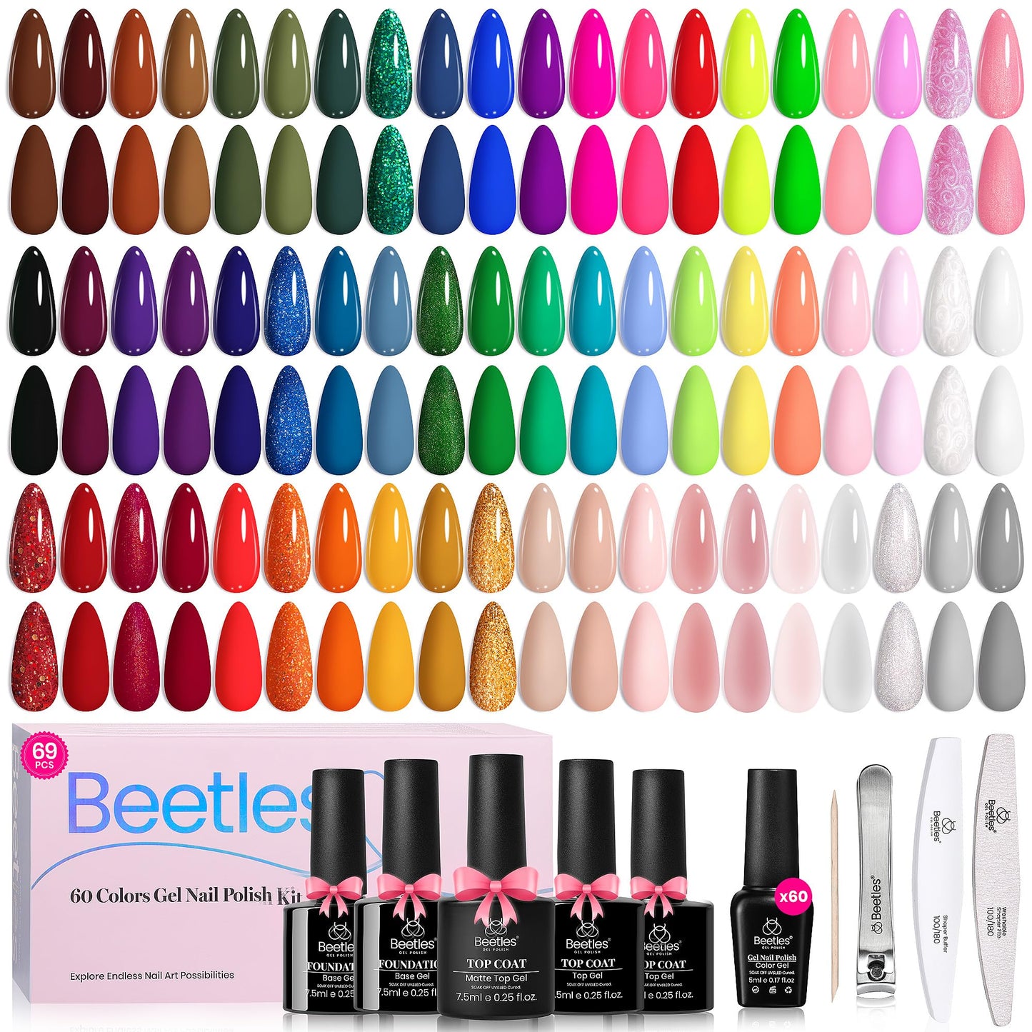 Beetles Cat Eye Gel Polish Set - 24Pcs 20 Colors Glitter Dark Color Changing Gel Nail Polish Kit with Base Gel Glossy Matte Top Coat Soak off UV DIY Nail Art Salon Ombre Black Nails Gift