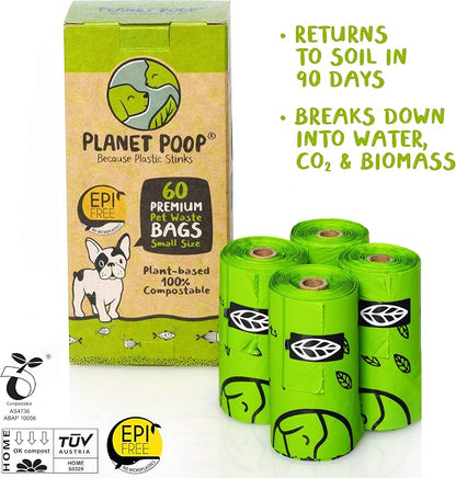 PLANET POOP Home Compostable Dog Poop Bags for Small Pets, 60 Mini Size Dog Waste Bags with Handles, Un-Scented Leakproof Doggy or Cat Bag, Plant Based Pet Supplies