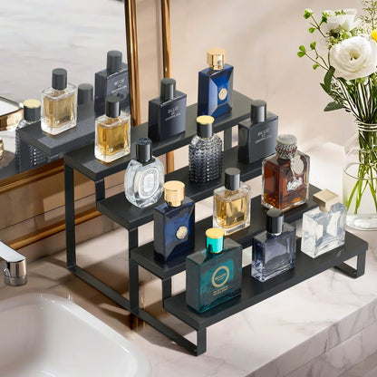 Wood Cologne Organizer for Men,12 Inch 4 Tier Cologne Stand Waterproof Perfume Organizer for Dresser with Anti-Slip Washers,Wooden Display Risers Stand for Party,Makeup,Figures,Cupcake,Perfume,Dessert