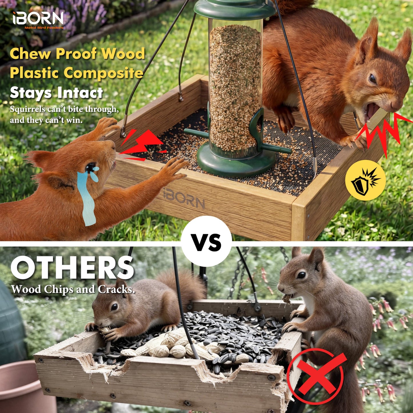 iBorn Platform Bird Feeder Tray, Chew Proof Bird Feeders for Outdoors Hanging, Flat Birdfeeder Tray with Large Capacity 3LBS, WPC Recycled Plastic & Cedar Look, Waterproof, 10.5"x10.5", Raw