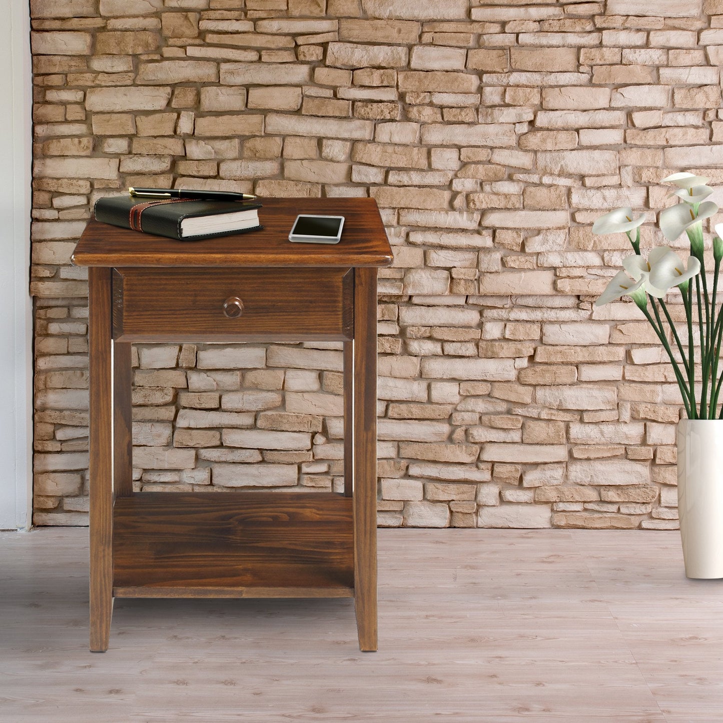 Casual Home Owl Night Stand with USB Port Charging Station and Drawer, 17.5" W x 14.25" D x 24.5" H, Natural Gray