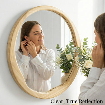 Pocetry Natural Wood Round Mirror 24 Inch, Solid Wood Framed Wall Mirror with Irregular Wavy Inner Edge for Bathroom Vanity, Bedroom & Boho Decor