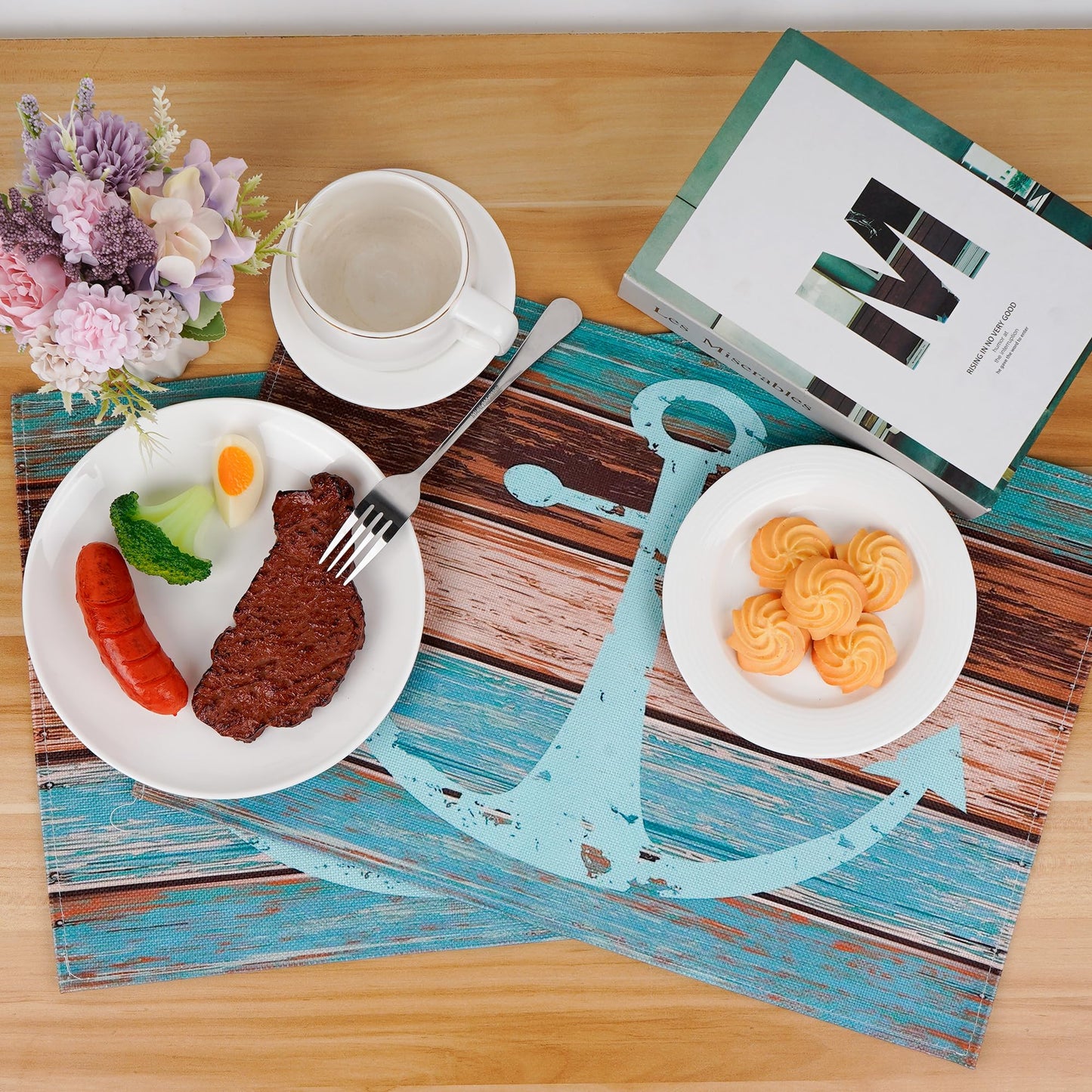 BUNCHBRAVO Nautical Placemats Set of 6 – Ship Anchor Print, Rustic Wooden Style, Kitchen Dining Table Mats for Beach Homes, Farmhouses, Lakehouses