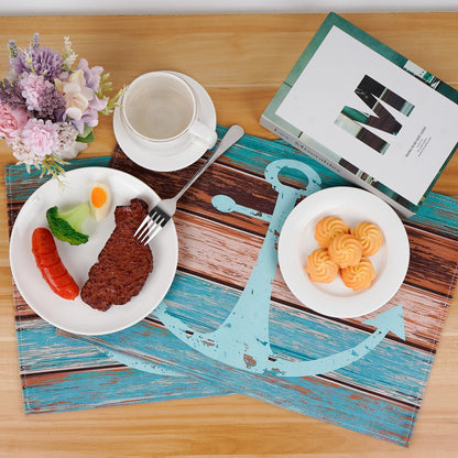 BUNCHBRAVO Nautical Placemats Set of 6 – Ship Anchor Print, Rustic Wooden Style, Kitchen Dining Table Mats for Beach Homes, Farmhouses, Lakehouses