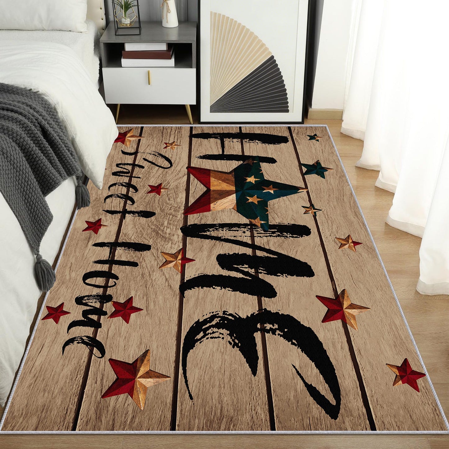 PLMHXC Country Primitive Area Rugs, 3x4ft, Home Sweet Home Vintage Wood Barn Star Rugs for Living Room, Non Slip Durable Low Pile Throw Rug, Cozy No Crease Foldable Carpets for Bedside Bedroom