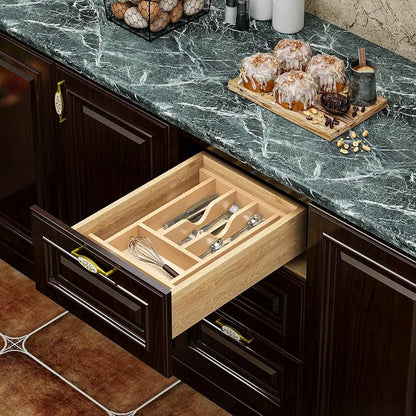 Clikuutory Natural Birch Wood Utensil Drawer Insert Organizer with 7 Compartments, Space-Saving Sturdy Drop-In Cutlery Divider Tray, Kitchen Cabinet Storage for Silverware, Spoons, Forks and Knives