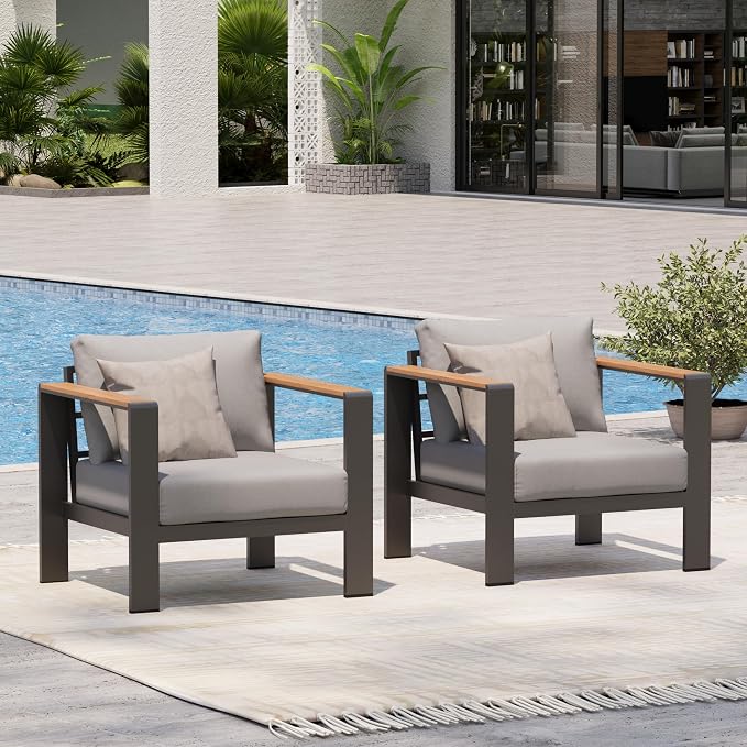 Aluminum Outdoor Patio Furniture Armchair, All-Weather Outdoor Patio Sofa with Washable Thick Cushion, Patio Sofa Couch Set of 2 for Porch, Balcony, Deck, Yard, Gray