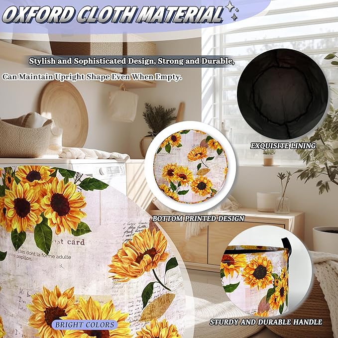 Vintage Sunflowers Laundry Basket Oxford Cloth Foldable Yellow Floral Laundry