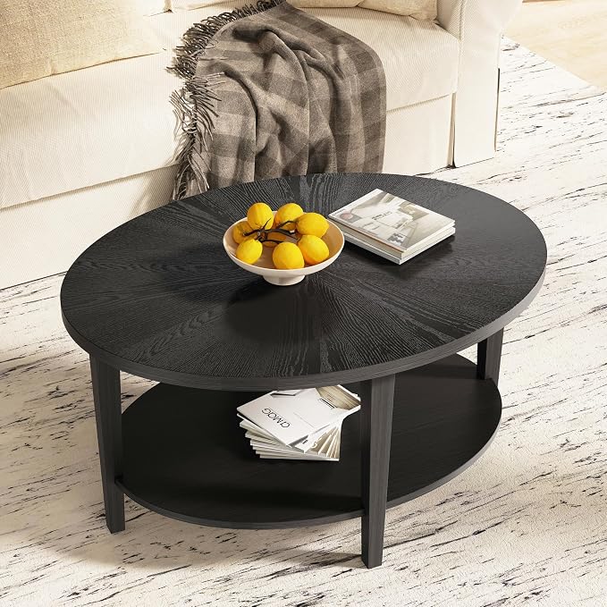 Solid Wood Oval Coffee Table for Living Room, 2 Tier Oval Rustic Coffee Table with Storage Shelf, Double Layer Center Table for Living Room, Easy Assembly Black