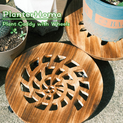 4 Pack Plant Caddy with Wheels Heavy Duty 12 Inch Wooden Plant Stand with Wheels Plant Dolly Rolling Plant Stand Plant Roller with Casters for Indoor and Outdoor with 4 Pack Plant Saucers, Round