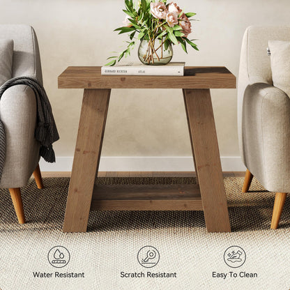 LITTLE TREE Solid Wood End Table, Small Side Table with 2-Tier Storage Shelf for Living Room, Rectangular Side Table for Couch, Bedside Table for Bedroom, Easy Assembly
