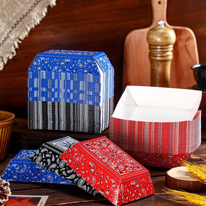 Gejoy 120 Pcs Western Party Plates 1 lb Cowboy Plates Bulk Bandana Paper Food Trays for Rodeo Cholo Party 250th Anniversary Decorations(Red Blue Black)