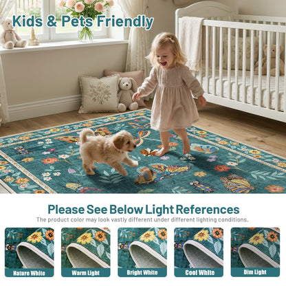 AIMPEAK Insect Washable Rugs 8x10 Teal, Soft Butterfly 8x10 Area Rugs for Living Room Indoor, Non Slip Bug Bedroom Rug Under Bed Thin Large Carpet with Flowers for Dining Room Office Playroom