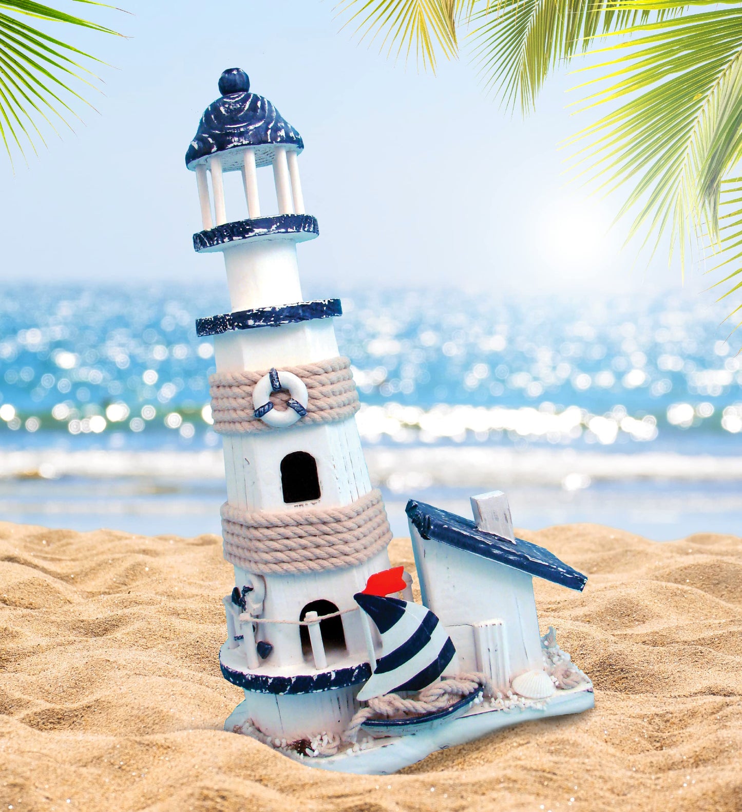 COTA Global Ocean Blue Lighthouse Decor - Handmade and Crafted Wooden Lighthouse Decoration with Sailboat Figure, Nautical Themed Home Decor – 13.5 Inch