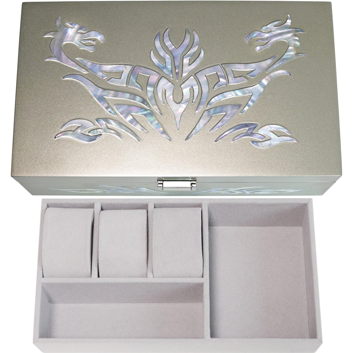 MADDesign Mother of Pearl Watch Box Jewelry Organizer Daily Storage Handmade Tribal Dragon Design (Metallic Silver)