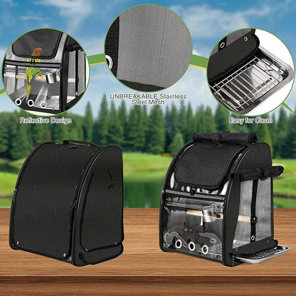 Sanmoncare Bird Carrier Backpack with Stainless Steel Mesh, Parrot Travel Cage with Stand, Easy to Clean, Portable Conures Travel Bag, Pet Breathable Travel Cage
