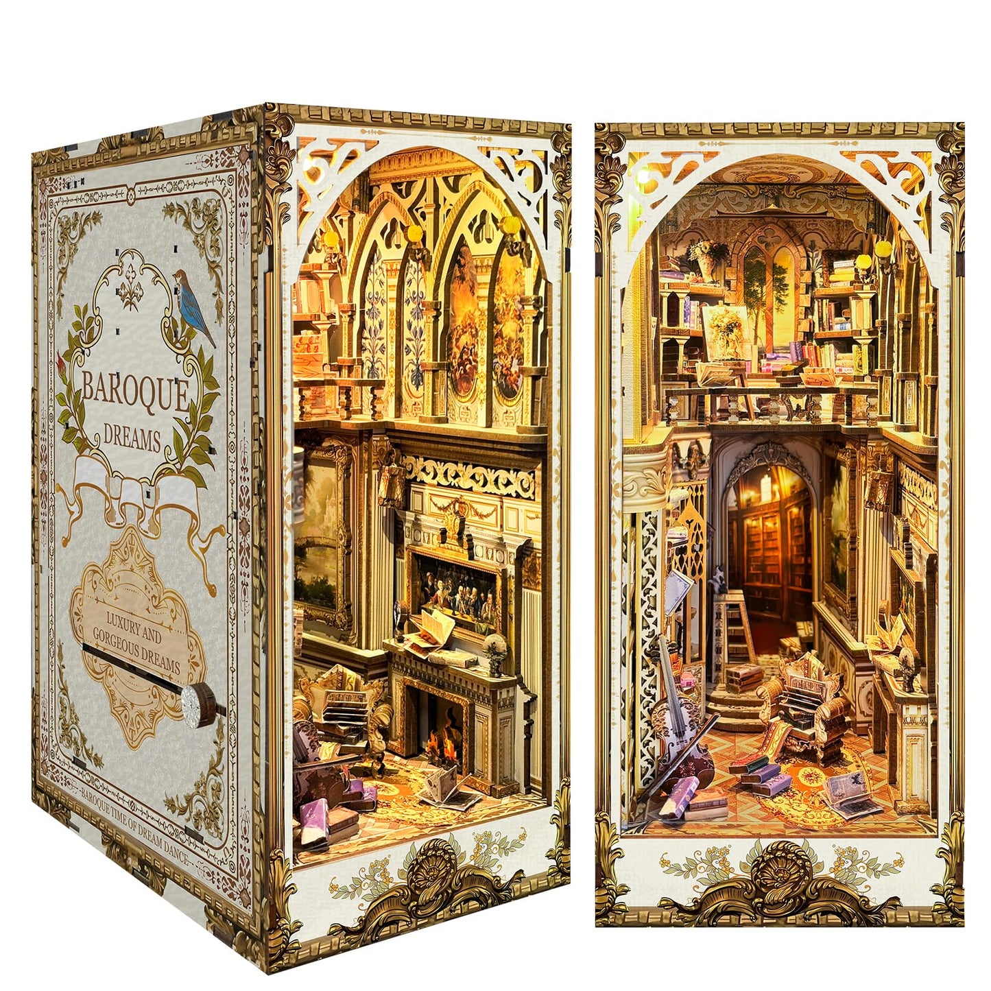 DIY Book Nook Kit - Bookend Diorama with LED - 3D Wooden Puzzle DIY Miniature House Kits - Bookshelf Insert Decor - Booknook Dollhouse Crafts Hobbies Gifts for Adults (Classical Library)