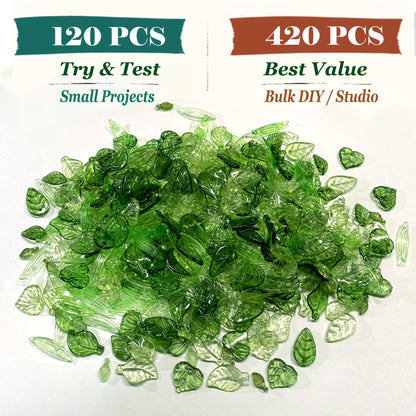 420PCS Green Acrylic Leaf Beads for Jewelry Making – Bulk Botanical Leaf Charms, Transparent Glass-Look Plant Beads for Earrings, Bracelets, Necklaces & Accessories (Mixed Styles)