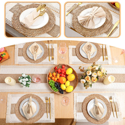 Gandeer 4 Sets Boho Decoration Placemats Round Woven Placemats, Cloth Napkins, Wood Bead Napkin Rings, Long Table Runner and Farmhouse Burlap Cotton for Table Kitchen (Khaki,12x72)