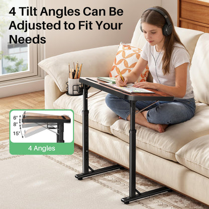 Kitstorack Adjustable TV Tray Table, Large Folding TV Food Tray with Tilting Tabletop, Rotatable Cup Holder, Device Slot & Anti-Slip Stopper, TV Dinner Tray Table for Couch, Bed, Work & Eating