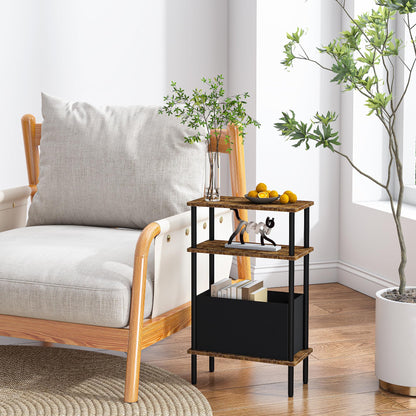 Newmics Narrow Side Table with Fabric Basket, End Table for Small Spaces, Slim Nightstand with 3-Tier Storage Shelf, Sofa Beside Table, for Living Room, Bed Room, Rustic Brown