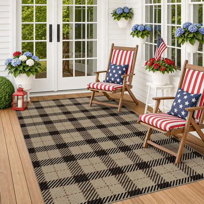 Easy Jute Farmhouse Area Rug 5x7, Washable Indoor Outdoor Plaid Rug, Black and Tan Rustic Woven Non Slip Carpet for Living Room, Entryway, Patio, Bedroom, Under Bed