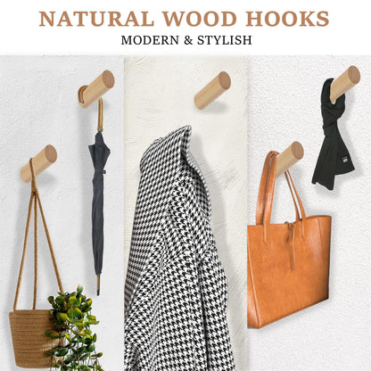 evory 6 Natural Wood Hooks for Wall, Rustic Wooden Coat Hooks Wall Mount, Hat Hooks for Wall, Decorative Coat Rack Hangers, Heavy Duty Coat Hanger Hooks for Hanging Bags,Towels,Purse(Beech Wood)