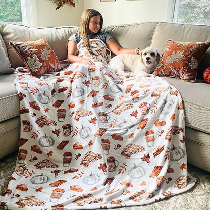Fall Throw Blanket Soft Fleece: Pumpkin Spice and Everything Nice with Books Wraps Coffees Lattes Pumpkins Pies Oversized 70" inches x 50" inches