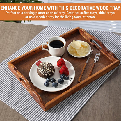 MOOKOMI Nature Walnut Wooden Serving Tray with Handles, Solid Wood Food Tray for Coffee, Breakfast, Dinner, Ottoman,16.6x11.8x2.4 inches