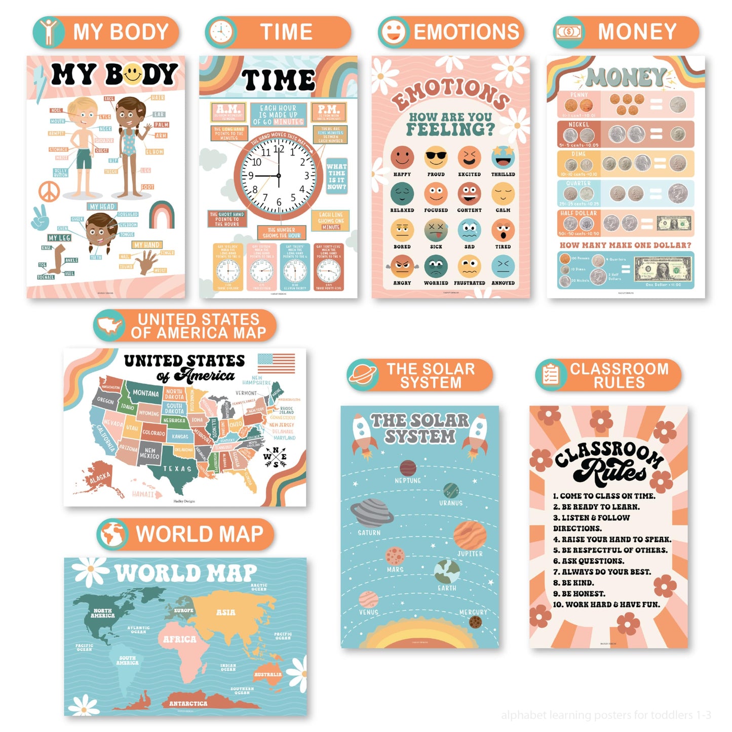 Hadley Designs 16 Educational Posters for Classroom Must Haves - Laminated Pre-K Posters for Toddler Homeschool Essentials, Toddler & Preschool Learning Activities, Kindergarten Classroom Decor
