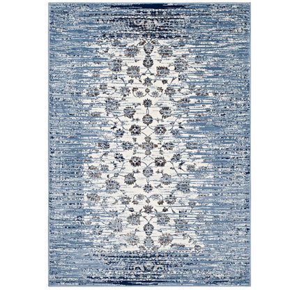 Modway Chiara Distressed Floral Lattice Contemporary 8x10 Area Rug in Moroccan Blue and Ivory