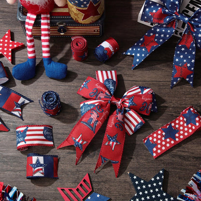 Tigeen 6 Rolls 30 Yards 250th Anniversary Memorial Day 4th of July Patriotic Ribbon Stars and Stripes Burlap Wired Edge Ribbon White Red Blue Decor for Independence Day Gift DIY Wreath Bow Craft