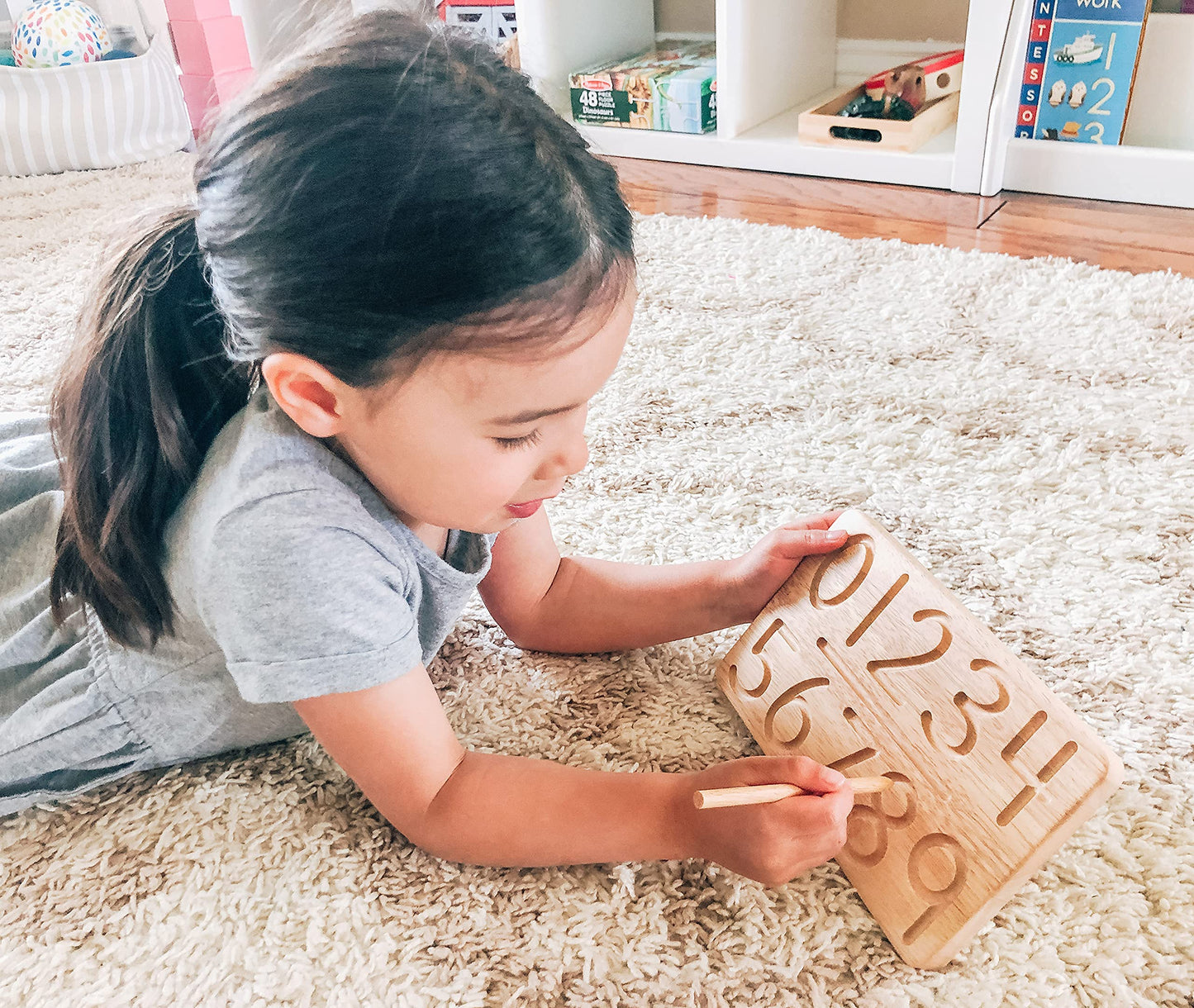 Montessori & Me Wood Number Tracing Board - Montessori Numbers and Shapes Complements Wooden Letter Tracing Board - Large Wooden Print Numbers for Toddler to Preschool