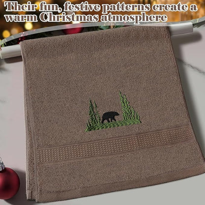 3 Pcs Farmhouse Cabin Bear Hand Towels Forest Moose Deer Embroidered Rustic