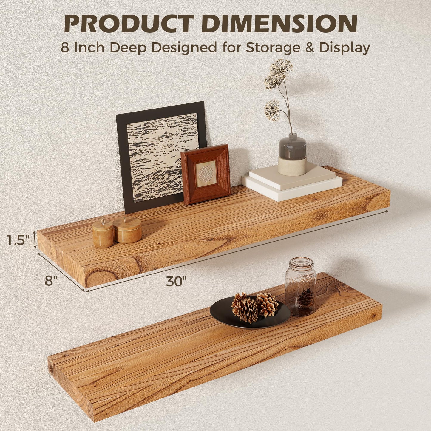 RICHFOCUS 30inch Natural Floating Shelves for Wall, 8" Deep High End Solid Real Wood Wall Shelves for Bathroom, Rustic Wooden Floating Shelves with Invisible Brackets for Books Storage Decor, Set of 2