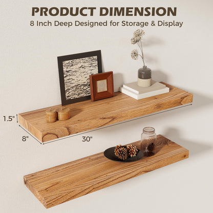 RICHFOCUS 30inch Natural Floating Shelves for Wall, 8" Deep High End Solid Real Wood Wall Shelves for Bathroom, Rustic Wooden Floating Shelves with Invisible Brackets for Books Storage Decor, Set of 2