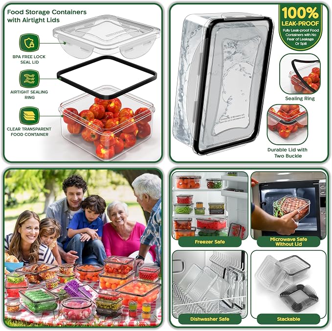 RockBerry 33 Containers with Large Food Storage Containers with Lids Airtight- Stackable Kitchen Bowls Set, Small Box-BPA Free Leak proof Plastic Boxes-Microwave safe