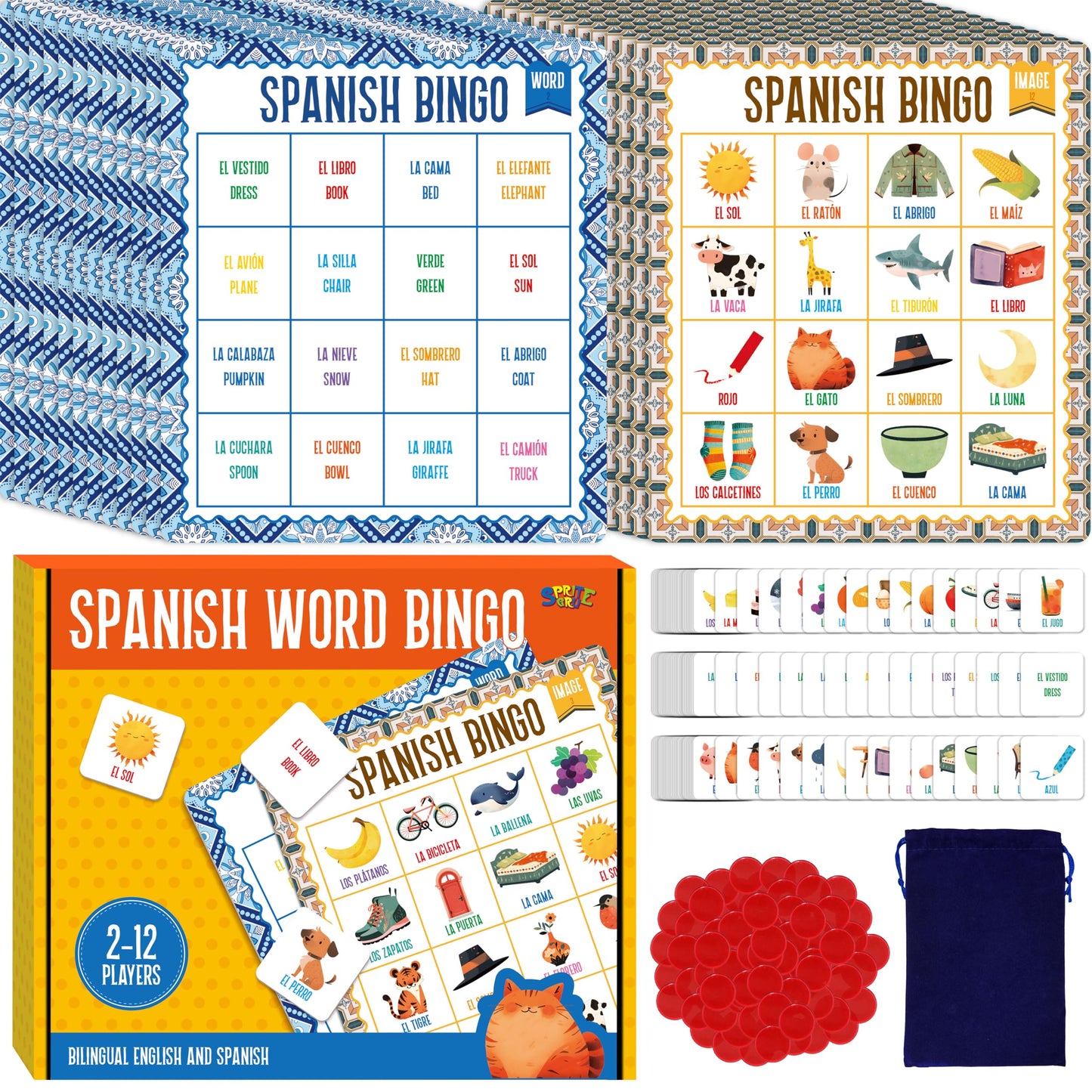 SpriteGru Spanish Bingo Game, 12 Vocabulary Bingo Board Game Bilingual Word Learning Educational Toys for Words Learning - Ages 5 and up (Up to 12 Players)