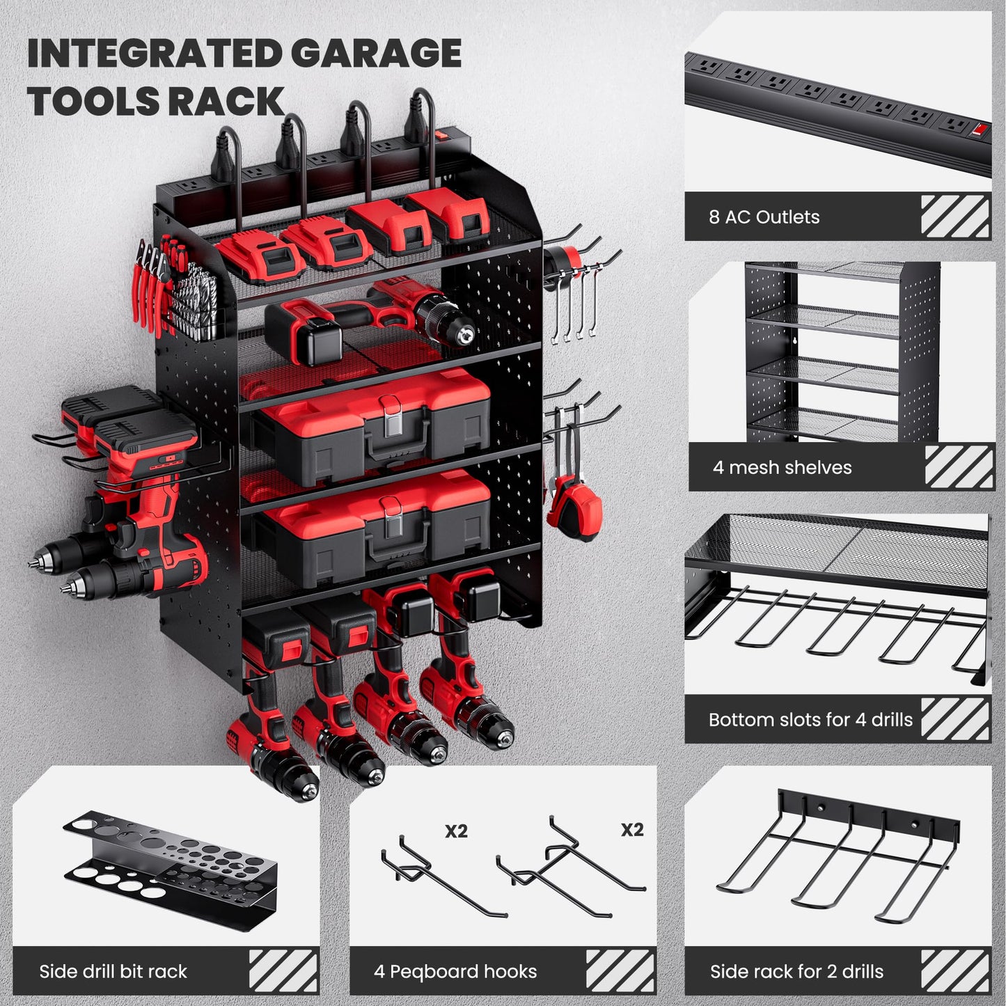 TRZZ Power Tool Organizer Wall Mount, 5-Layer Charging Station with 8 Outlets, 6 Drill Holders, 2 Side Pegboards, and Drill Bit Rack for Garage, Workbench, and Workshop (Black)