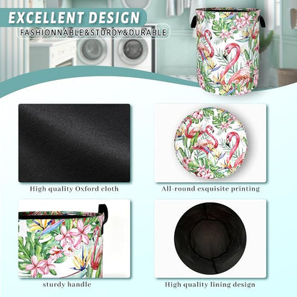 Pink Flamingo Laundry Basket Tropical Leaves Pink Floral Hamper Foldable Oxford Cloth Birds Colorful Tote Bag Clothes Toy Storage Bucket For Bathroom/Laundry Storage/Bedroom 18.9 x 16.5 Inch