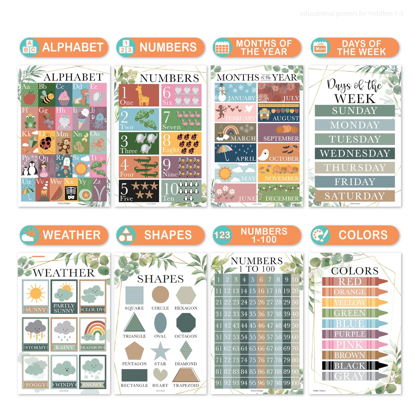 Hadley Designs 16 Educational Posters for Classroom Must Haves - Laminated Pre-K Posters for Toddler Homeschool Essentials, Toddler & Preschool Learning Activities, Kindergarten Classroom Decor