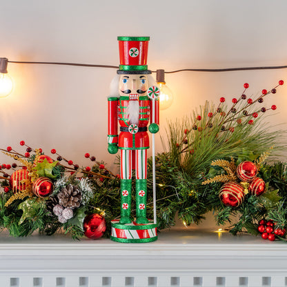 Ornativity Wooden Peppermint Christmas Nutcracker - Red, White and Green Glitter Candy Themed Xmas Holiday Nut Cracker Doll Figure Toy Soldier Decorations 15"