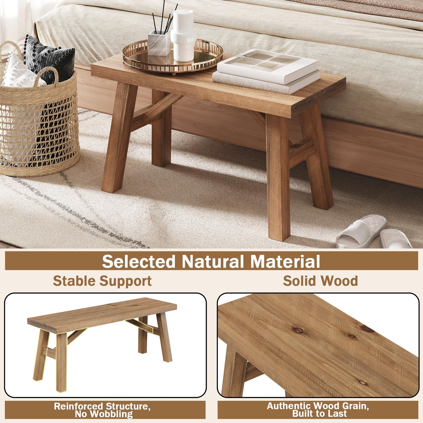 Wnutrees Sawmill Long Wood Bench, 43" Farmhouse Entryway Bench for Living Dining Room, Rustic Entry Way Benches Seat, Solid Wood, Handcraft Finshed, Natural