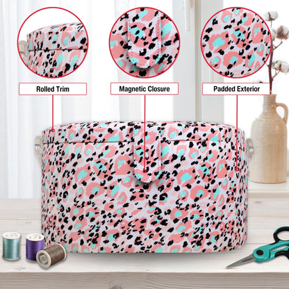 SINGER Large Round Sewing Basket with Emergency Travel Sewing Kit & Matching Zipper Pouch - Rose Pink Leopard Print